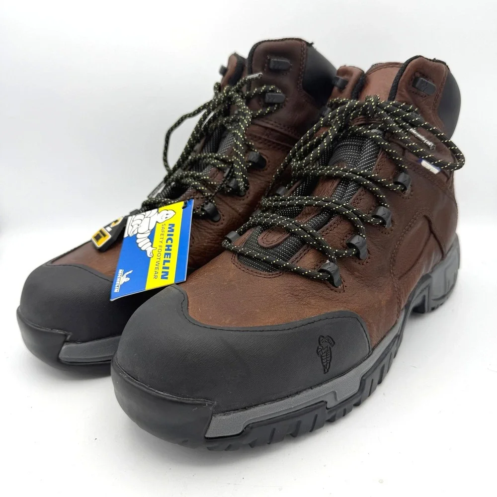 Michelin Mens‎ 12W HydroEdge Steel Toe Work Boots Brown Waterproof Oil Resistant
